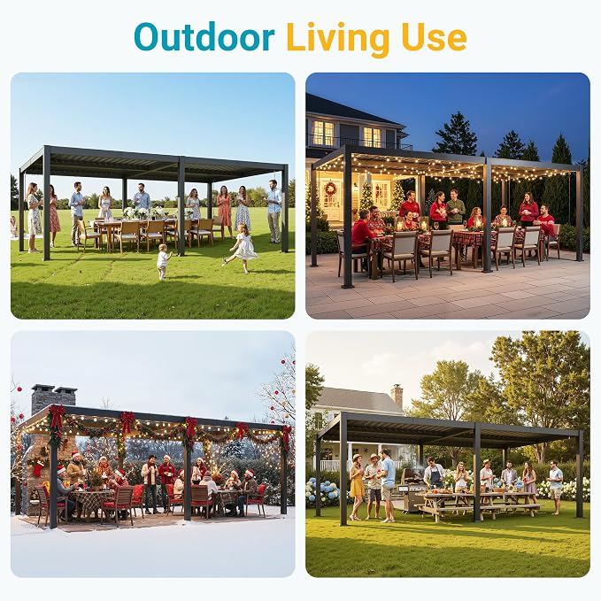 Louvered Pergola, 12' x 20' Outdoor Pergola, Aluminum Frame Patio Gazebo with Adjustable Louvers Roof & Integrated Gutter System, Outdoor Hardtop Gazebo for Patio, Backyard, Deck, Garden, Dark Gray