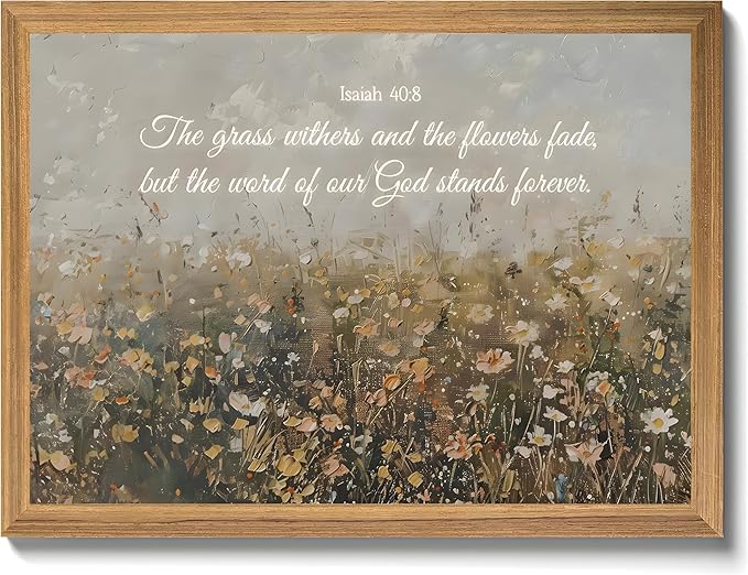 smvexyl Framed Christian Bible Verse Wall Art Canvas, Isaiah 40:8 Scripture Wildflower Meadow Painting Religious Wall Decor Faith Inspirational Picture for Living Room Bedroom Home Decoration 8x10 12x16 16x24