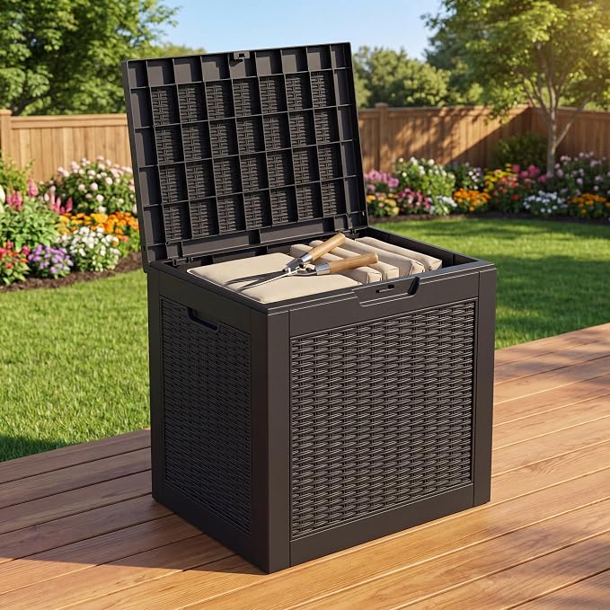 NicBex 30 Gallon Deck Box, Waterproof Resin Rattan Outdoor Storage Box Lockable for Patio Furniture, Fade Resistant Patio Side Table & Organizer for Garden Tools, Pool Floats, Outdoor Cushions, Black
