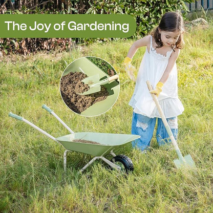 ROBUD Kids Wheelbarrow Set, Green Metal Toddler Wheelbarrow with Shovel, Hoe, Broom & Gloves, Kid Gardening Set for Kid to be Closer to Nature, WRP43