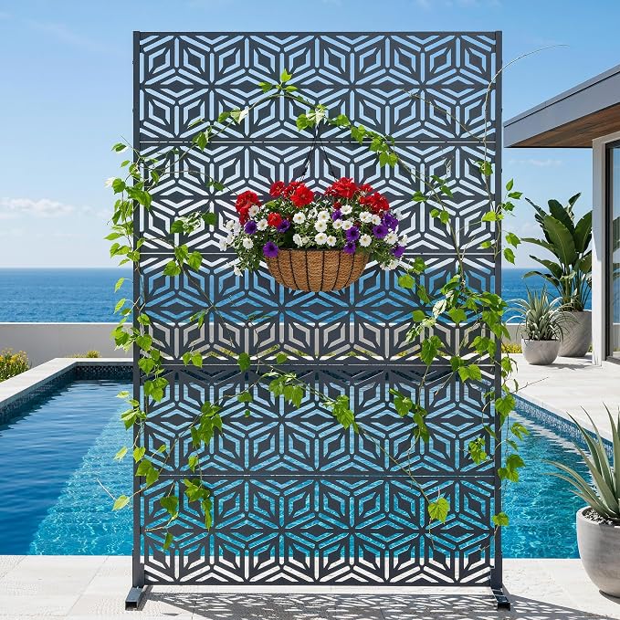 72" Steel Privacy Screen, Freestanding Laser Cut Divider for Patio | 72"x44" Laser Cut Snowflake Steel Panel. Weatherproof & Rustproof. creen Divider for Balcony, Patio, Deck & Garden