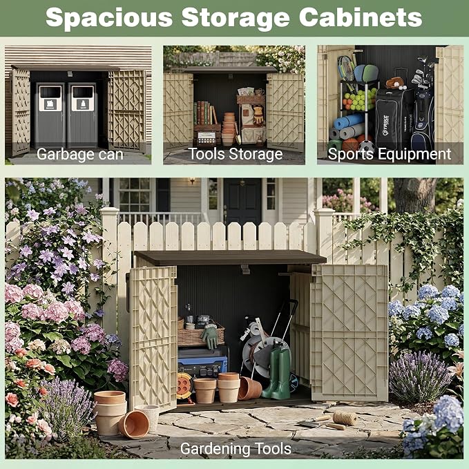 LHBcraft Waterproof Outdoor Storage Box 36 Cu Ft with Lockable Doors, Portable Outdoor Storage Box, Horizontal Outdoor Storage Cabinet for Backyards, Brown-Beige