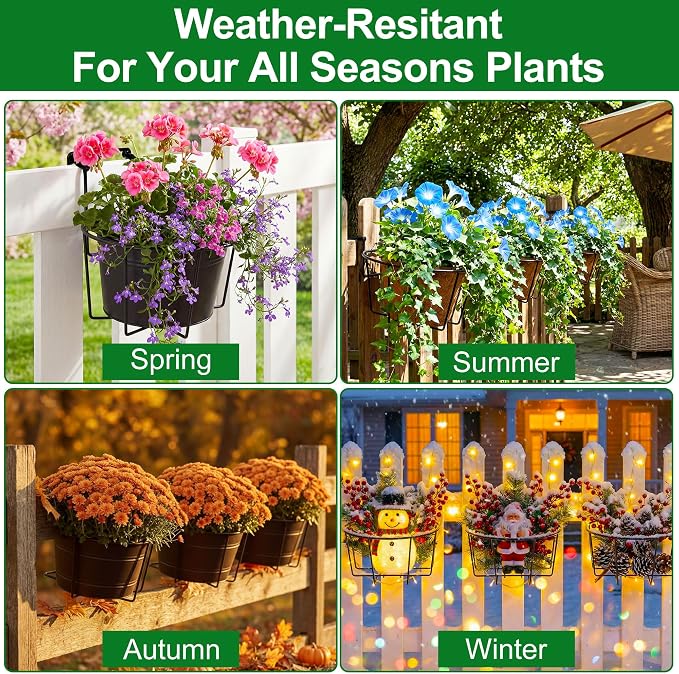 Adjustable Hanging Railing Planter, 6 Pack Fit 1.5 to 4.5 Inches Railing, Weather-Resistant Metal Balcony Rail Planters, Work for Outdoor Fence Deck Garden Patio Halloween Christmas Decor