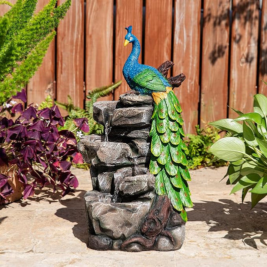 Glitzhome Outdoor Water Fountain with Lights, 4-Tierd Peacock W/Stacked Stone Outdoor Fountain, 20.5" H Polyresin Decorative Waterfall Feature Garden Fountain with Pump for Garden, Patio, Porch