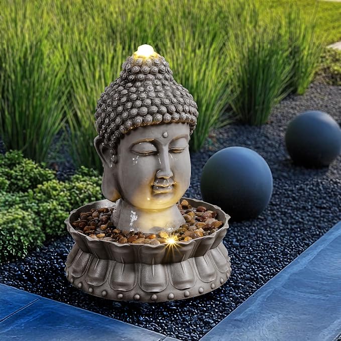 Kalona Buddha Water Fountain Outdoor with LED Lights, Buddha Statue Outdoor Garden Zen Fountain with Stones, Water Feature for Patio, Porch, Backyard, Lawn & Home Decor