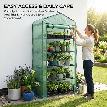 Worth Garden 5 Tier Mini Greenhouse - 75'' H x 27'' L x 19'' W - Sturdy Portable Gardening Shelves with Durable PE Cover w/ Roll-Up Zipper Door- Small Green House Indoor & Outdoor for Plants Flowers