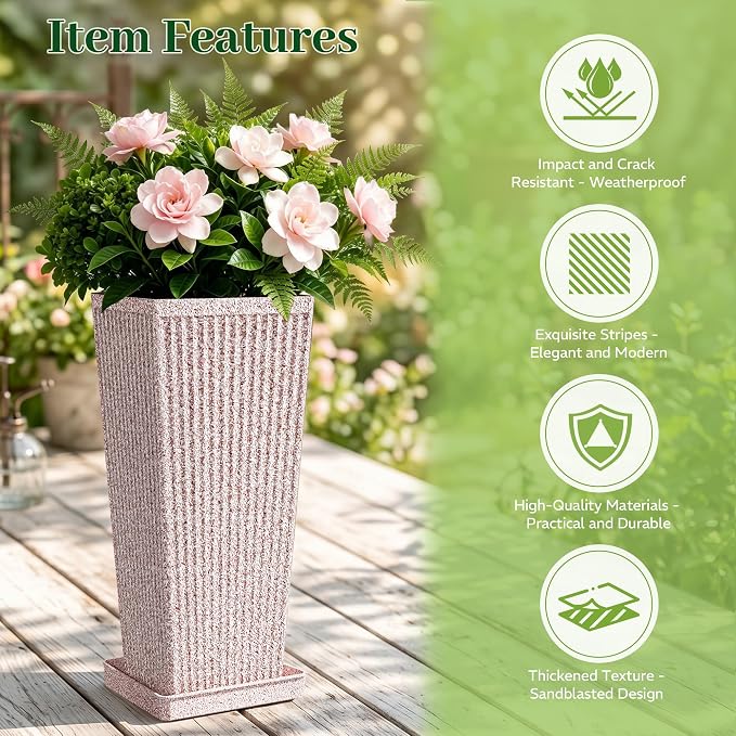 24" Square Tall Planters for Outdoor Plants Set of 2 - Faux Concrete Tapered Indoor Flower Pots with Tray/Insert, Large Outdoor Planters for Porch Patio Garden, White Red Speckled