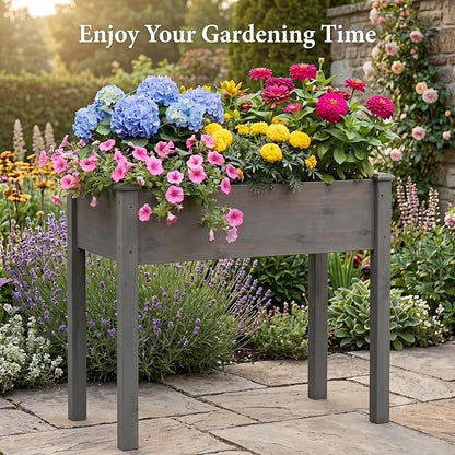 Raised Garden Bed Outdoor Planter Box with Legs - 34x18x30 Inch Cedar Wooden Elevated Planter Box with Non-Woven Liner & Drainage Holes for Vegetables Flowers Herbs (Gray, 34 x 18 x 30)