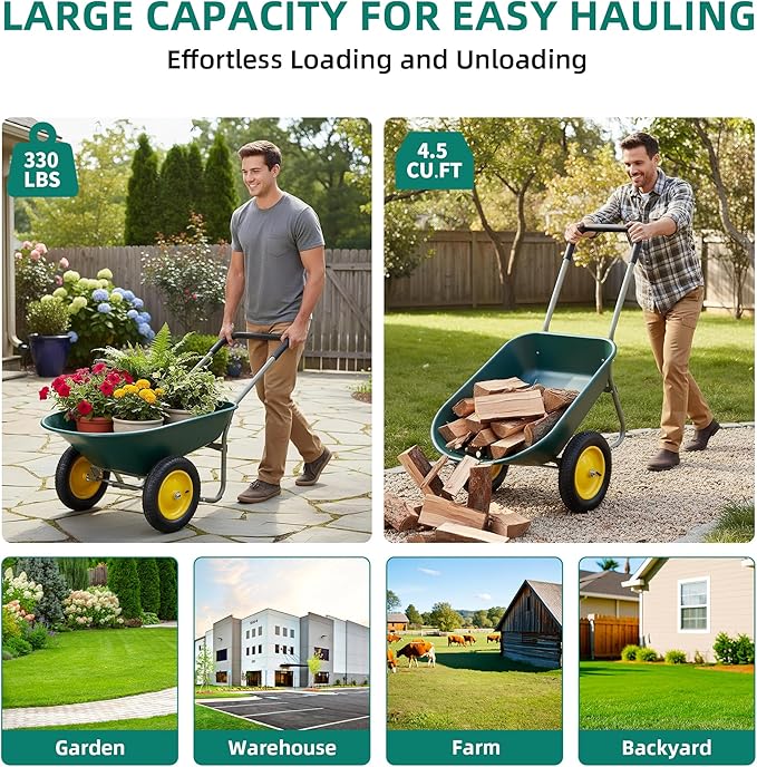 2 Wheel Wheelbarrow, Dual-Wheel Garden Dump Cart with 13" Non-Slip Pneumatic Tires & Ergonomic Padded Handle, Heavy-Duty Home Utility Yard Cart Wagon with 4.5 Cu Ft Capacity for Lawn, Gardening