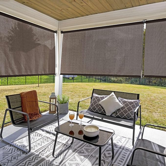 Coolaroo Outdoor Roller Shade with Wand - 90% UV Block Breathable Light Filtering Shade for Patio or Porch, Fade-Resistant, Easy-Clean Fabric, 4ft x 6ft, Mocha