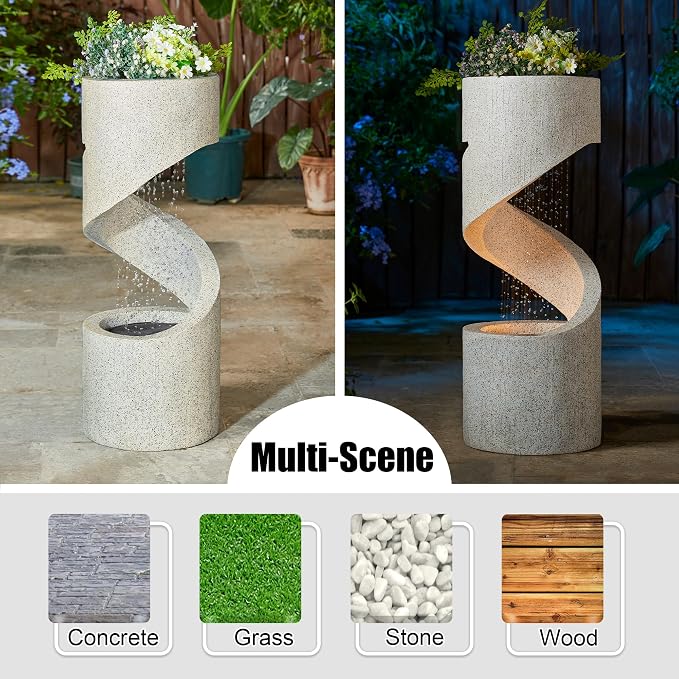 Glitzhome Outdoor Water Fountain with LED Light, Decorative Tiered Curved Waterfall Fountain with Stone Planter, Faux Terrazzo Spiral Shaped Outdoor Fountains for Garden Deck Patio Porch, 31.25”H