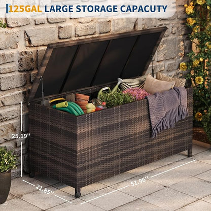 125 Gallon Outdoor Wicker Deck Box, All-Weather Waterproof Patio Storage with PE Rattan Finish & Steel Frame, for Cushions, Garden Tools, Pool Supplies, Lockable Brown Storage Box with Soft-Close Lid