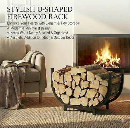 30 Inch Firewood Rack Outdoor Indoor, Heavy Duty U-Shape Alloy Steel Log Holder for Fireplace Decor, Rustproof Wood Storage with 300 LBS Capacity, Black