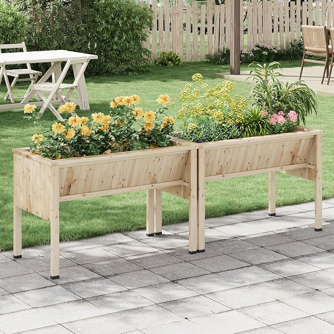 3.8x2x2.5 Ft Elevated Wooden Raised Garden Bed with Legs & Hooks - Outdoor Standing Planter Box for Vegetables, Herbs, Flowers - Natural Cedar Raised Garden Beds for Backyard, Patio, Balcony