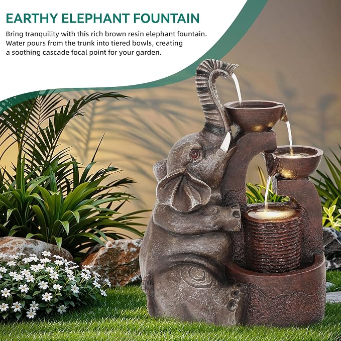20" Elephant Outdoor Fountain LED 3-Tier Waterfall, Bronze | 3-bowl cascading water, garden patio backyard porch