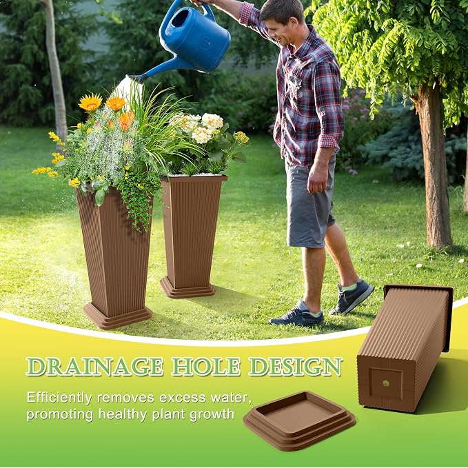 TUYOHW Set of 2 Tall Planters, 24" Large Indoor Outdoor Flower Pots with Tray, Modern Tapered Planters for Porch, Patio, Garden, Backyard