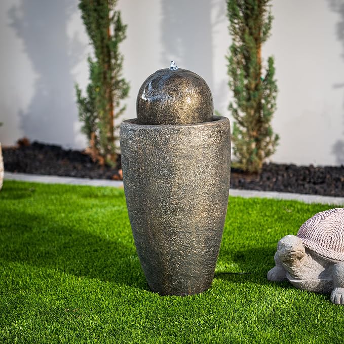 XBrand 25.98" Modern Sphere Water Fountain with LED Light – Indoor Outdoor Stone Texture Floor Fountain, Zen Bubbling Ball Water Feature for Garden Patio Porch - Bronze