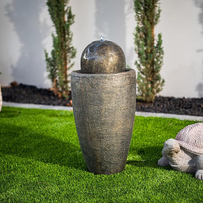 XBrand 25.98" Modern Sphere Water Fountain with LED Light – Indoor Outdoor Stone Texture Floor Fountain, Zen Bubbling Ball Water Feature for Garden Patio Porch - Bronze