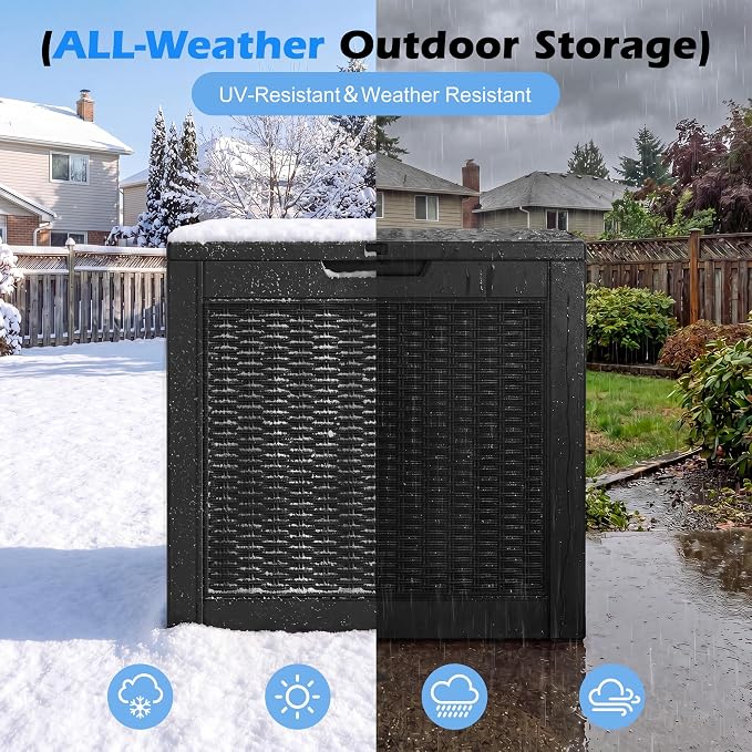 Outdoor Storage Box, 30 Gallon Resin Deck Boxes Outdoor Waterproof For Patio Furniture, Garden Tools, Pool Supplies, Lockable And UV Resistant (Rattan Black)