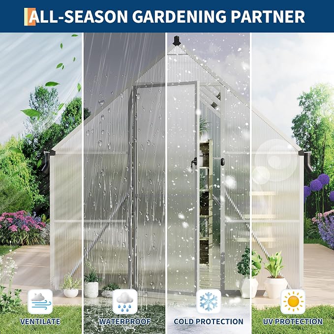 GarveeLife 8X10FT Polycarbonate Greenhouse with Aluminum Frame, Polycarbonate Greenhouse for Outdoors, Greenhouses with Ventilation and Rain Gutter, Aluminum Large Walk-in Greenhouses for Outside