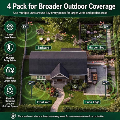 2026 Upgraded Solar Ultrasonic Animal Repeller Outdoor,Deer Repellent Devices with Motion Sensor & LED Flashing Light, Cat Deterrent for Yard,Garden,Rabbit, Squirrel, Raccoon, Dog,4 Pack Green