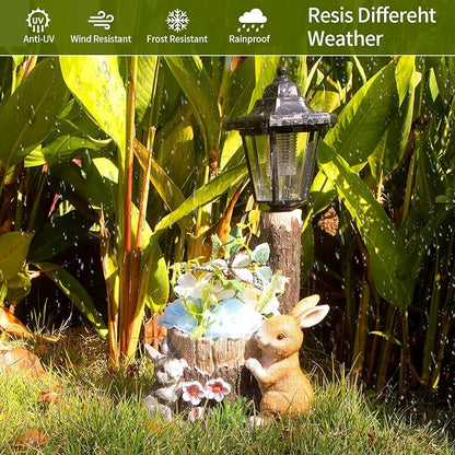 Solar Bunny Garden Stalue Outdoor, Rabbits Figurine Flowerpot Decolwith Solar Lantem for Yard Art Lawn Ornaments Porch Patio Balcony - Gardening Gifts for Women Mom