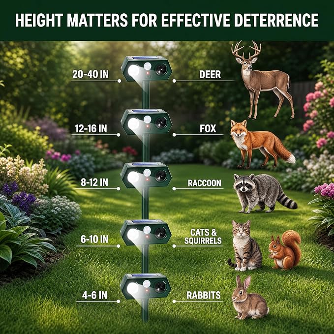 Solar Ultrasonic Animal Repeller with Red&Blue Light for Gardens, Farms and Courtyards, Outdoor Sonic Fortress Pro Deterrent for Deer, Raccoons, Squirrels, Cats, Rabbits, Skunks, Foxes & More(4Pack)