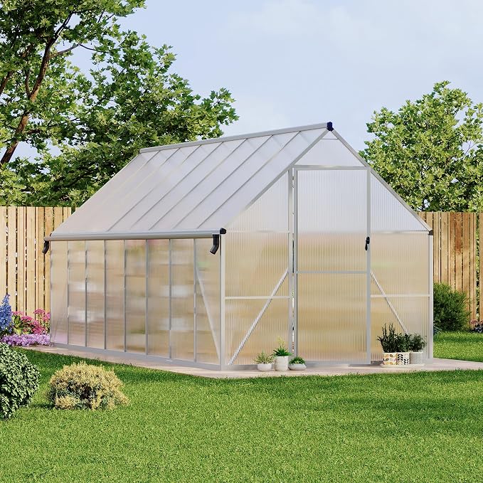 GarveeLife 8X16FT Polycarbonate Greenhouse with Aluminum Frame, Polycarbonate Greenhouse for Outdoors, Greenhouses with Ventilation and Rain Gutter, Aluminum Large Walk-in Greenhouses for Outside