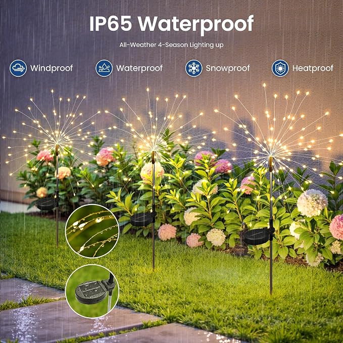 Solar Lights Outdoor, 120LED 8 Pack Fairy Garden Lights Decor for Outside Fireworks Lights Solar Powered for Yard, Patio, Pathway, Walkway, Balcony, Warm White