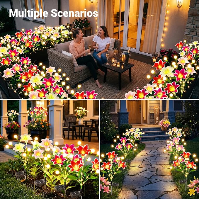 WdtPro Upgraded Solar Garden Lights Outdoor: 4 Pack 2-in-1 Solar Firefly Swaying Light with Lily Flower and Glowing Stem, Waterproof Garden Decor for Yard Patio Pathway Lawn, Gardening Gifts for Women