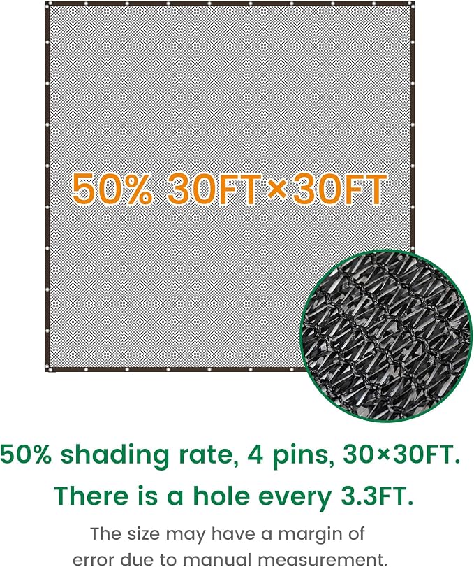 Shade Cloth, 30FT X 30FT 50% Black Outdoor Woven Sun Shade with Grommets, Durable Breathable Netting Shading Antifreezing for Patio, Garden, DIY Home, Plants Cover, Greenhouse, Dog Kennel