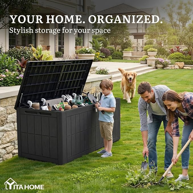YITAHOME 134 Gallon Large Deck Box | Waterproof Resin Outdoor Storage Box with Lock, Doubles as 2-Person Bench Seating for Patio Furniture Cushions,Garden Tools &