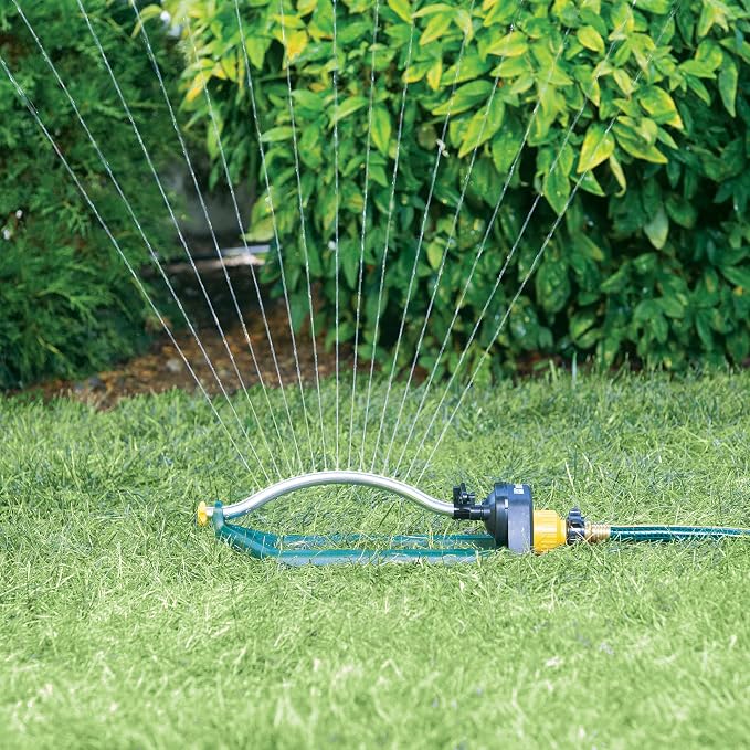 Melnor 65151AMZ Oscillating Sprinkler, Covers Up to 3,000 Sq. Ft., Small Medium Large Coverage Adjustment, 15 Precision Nozzles, Quick Connect Bundle, Green, Yellow
