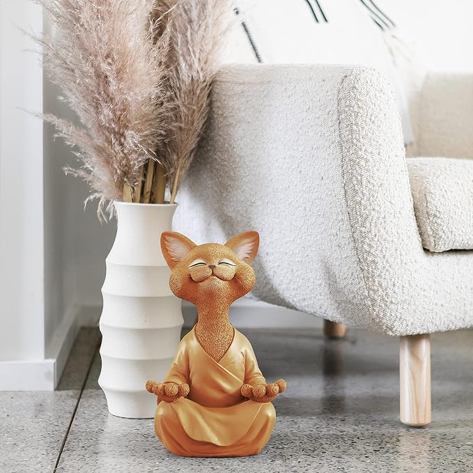 JFSM INC. 12" Whimsical Happy Cat Garden Buddha Statue - Indoor Outdoor Resin Cat Statue - Meditating Animal Sculpture, Mindful Yoga Decor for Patio Yard Lawn Porch