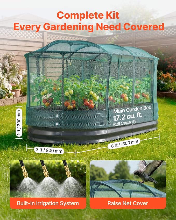VEVOR 6x3x1FT Metal Raised Garden Bed Kit with Self Watering System and Mesh Cover, Oval Outdoor Galvanized Planter Raised Beds for Gardening Planting Flowers Fruits Vegetables