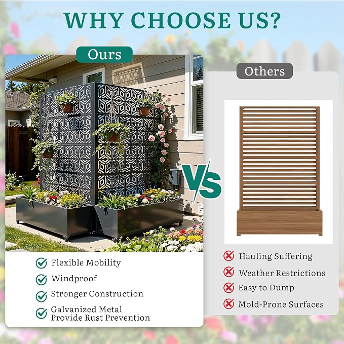 Metal Planter Box with Trellis, Galvanized Steel Raised Garden Bed with Privacy Screen, Lockable Casters, 73"x47"x16" Planter with Drainage Holes for Outdoor Climbing Plants, Vegetables, Patio