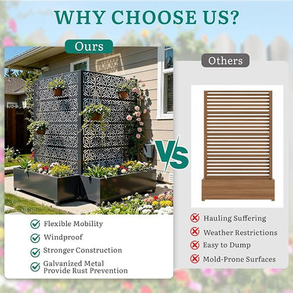 Metal Planter Box with Trellis, Galvanized Steel Raised Garden Bed with Privacy Screen, Lockable Casters, 73"x47"x16" Planter with Drainage Holes for Outdoor Climbing Plants, Vegetables, Patio