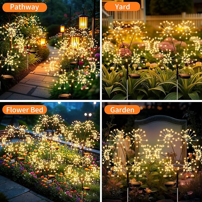 JJGoo 2 Pack Solar Garden Lights Outdoor Waterproof, New Upgraded 6 Branches Firework Starburst Lights with 2 Modes, Solar Fairy Lights for Yard Garden Patio Pathway Party Decor - Warm White