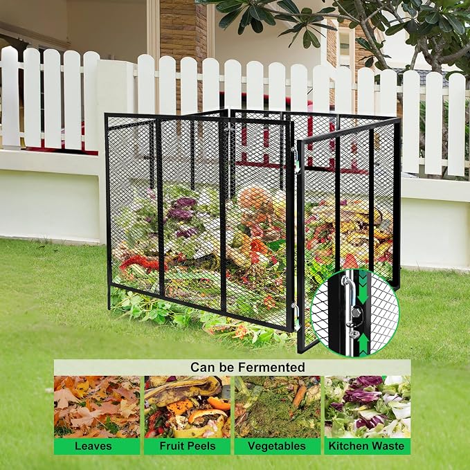 Large Compost Bin Outdoor - Metal Wire Mesh Compost Bins with Rust-Proof Coating, Easy to Assemble Square Garden Compost Bin for Yard Waste, Leaves & Kitchen Scraps, 37x37x30 Inches Black