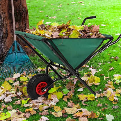 Folding Wheelbarrow - Collapsible Garden Cart with 80lb Capacity, Storage Pouches, and Padded Handles - Wheelbarrows for Lawn Care by Pure Garden (Green)