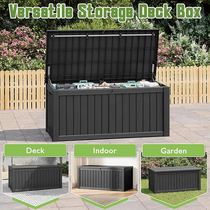 Outdoor Storage Box, 150 Gallon Deck Box with Lockable Lid, Waterproof Resin Storage Bin for Cushions, Garden Tools, Patio Furniture, Black