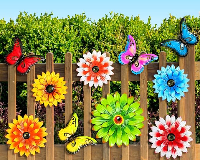 Gisafai 10 Pack Metal Flower Wall Decor Outdoor, 3D Daisy and Butterfly Metal Garden Wall Art, Colorful Fence Decorations for Patio Backyard Balcony Porch, Summer Housewarming Gift(Vintage)
