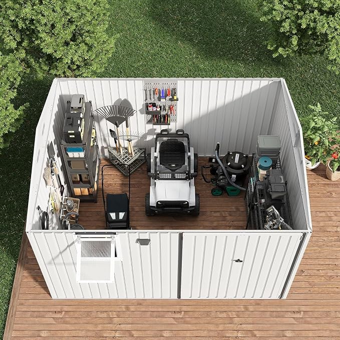 Garvee 10x8 FT Heavy-Duty Metal Outdoor Storage Shed with Solar Light | Motion Sensor Light, Window, Pegboard Tool Organizer, Lockable Doors, 4 Air Vents for Garden Patio Backyard Garage