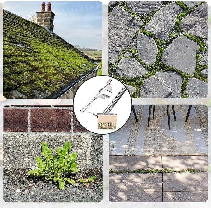 Crack Weeder Tool, Weed Puller Tool with 2 Heads&Scraping Hook, Paver Weeding Moss Remover Brush with Steel Handle for Cleaning Paving Joint Sidewalk Patio Stone Driveway Deck Black