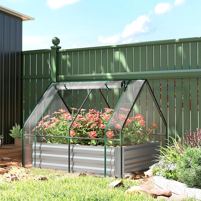 Outsunny 4 x 3 x 3ft Raised Garden Bed with Mini Greenhouse, Galvanized Raised Garden Bed with Cover for Herbs and Vegetables, Small Greenhouse for Patio Garden Balcony, Clear and Gray