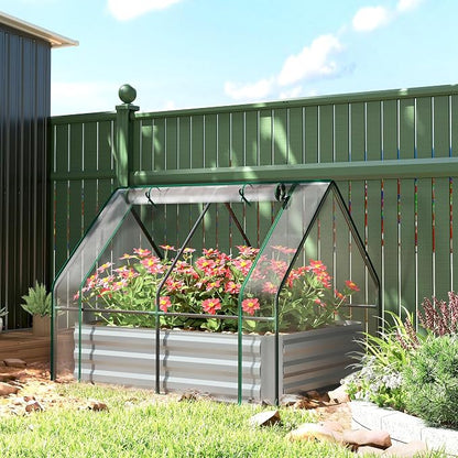 Outsunny 4 x 3 x 3ft Raised Garden Bed with Mini Greenhouse, Galvanized Raised Garden Bed with Cover for Herbs and Vegetables, Small Greenhouse for Patio Garden Balcony, Clear and Gray