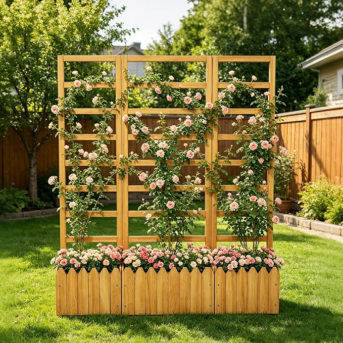 Outdoor Privacy Screen with Planter Box, 3-Panel Folding Wooden Trellis Planter, Freestanding Raised Bed for Climbing Plants, Solid Wood Divider with Drain Holes for Patio, Balcony & Backyard
