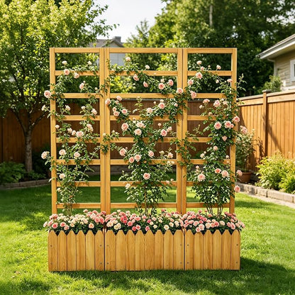 Outdoor Privacy Screen with Planter Box, 3-Panel Folding Wooden Trellis Planter, Freestanding Raised Bed for Climbing Plants, Solid Wood Divider with Drain Holes for Patio, Balcony & Backyard
