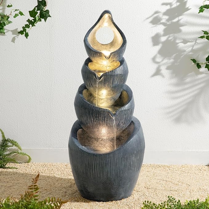Glitzhome Outdoor Fountain with Lights & Pump, 34" H 4-Tiered Cascading Zen-Style Water Fountain Outdoor, Alms Bowl Polyresin Waterfall Water Feature for Garden, Patio, Yard, Deck Decor