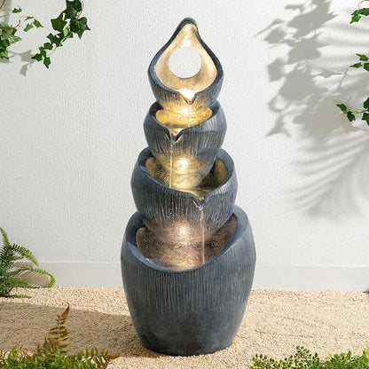 Glitzhome Outdoor Fountain with Lights & Pump, 34" H 4-Tiered Cascading Zen-Style Water Fountain Outdoor, Alms Bowl Polyresin Waterfall Water Feature for Garden, Patio, Yard, Deck Decor